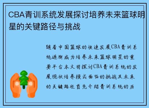 CBA青训系统发展探讨培养未来篮球明星的关键路径与挑战