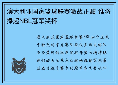 澳大利亚国家篮球联赛激战正酣 谁将捧起NBL冠军奖杯